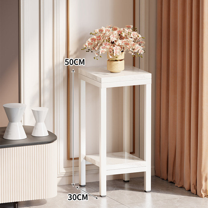 Tall Narrow Marble-Top Plant Stand Side Table with Lower Shelf and Gold Metal Frame