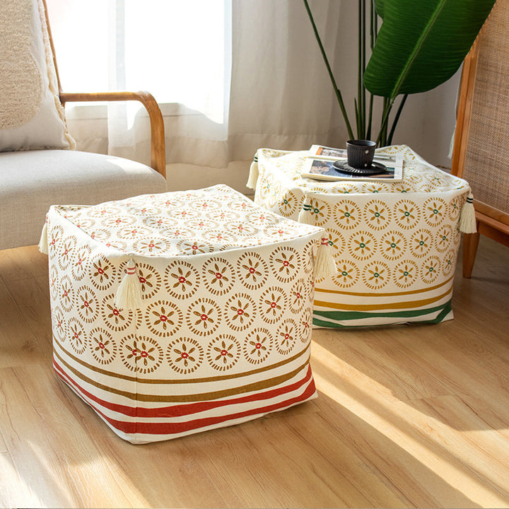 Square pouf seat cube made of cotton blend fabric with boho embroidery and tassels