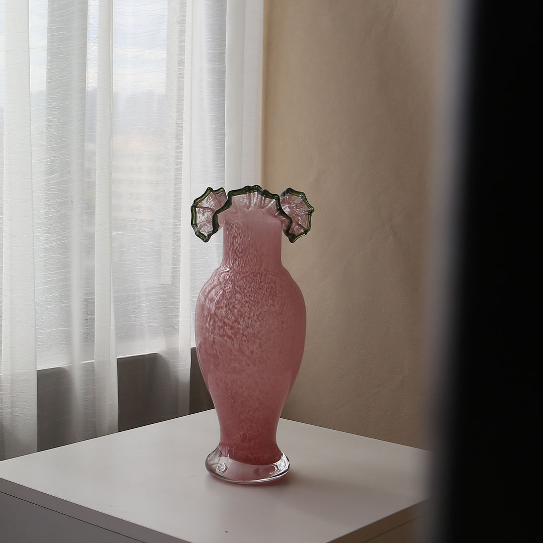 Hand-Blown Ruffled-Rim Tall Bulb Vase with Clear Weighted Foot