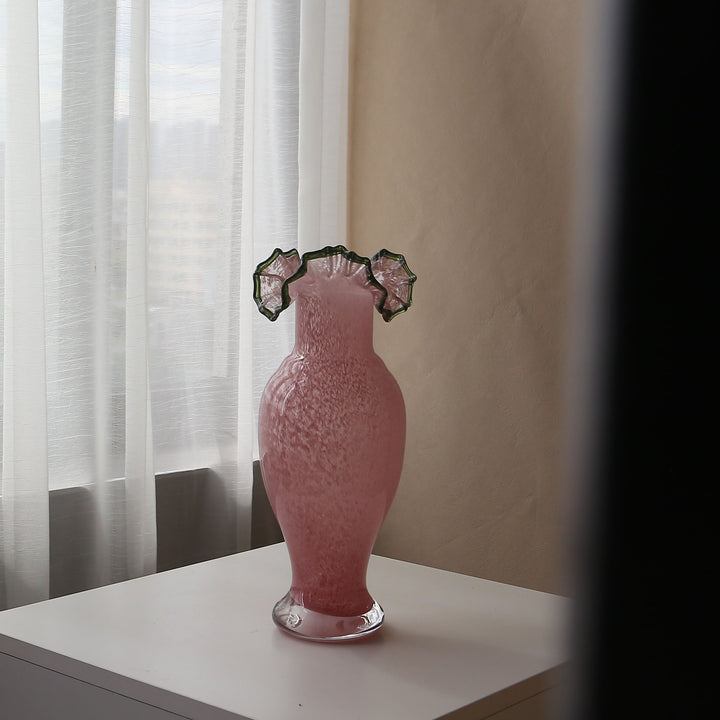 Hand-Blown Ruffled-Rim Tall Bulb Vase with Clear Weighted Foot