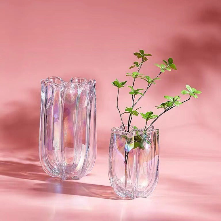 Iridescent Ribbed Hand-Blown Glass Tulip-Shaped Decorative Vase with Folded Rim