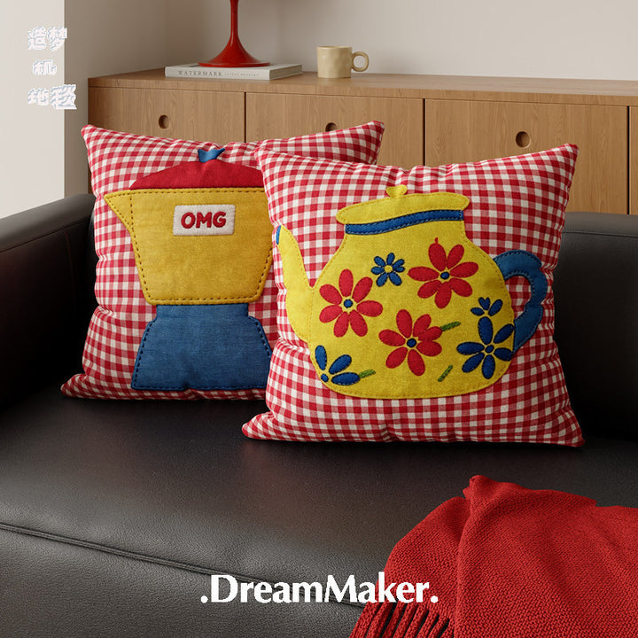Decorative Gingham Appliqué Coffee Cup Throw Pillow Cover