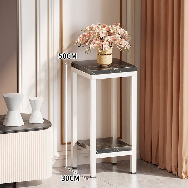 Tall Narrow Marble-Top Plant Stand Side Table with Lower Shelf and Gold Metal Frame