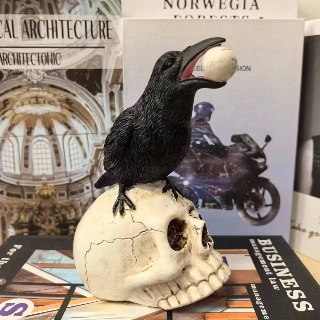 Decorative figure with raven on skull