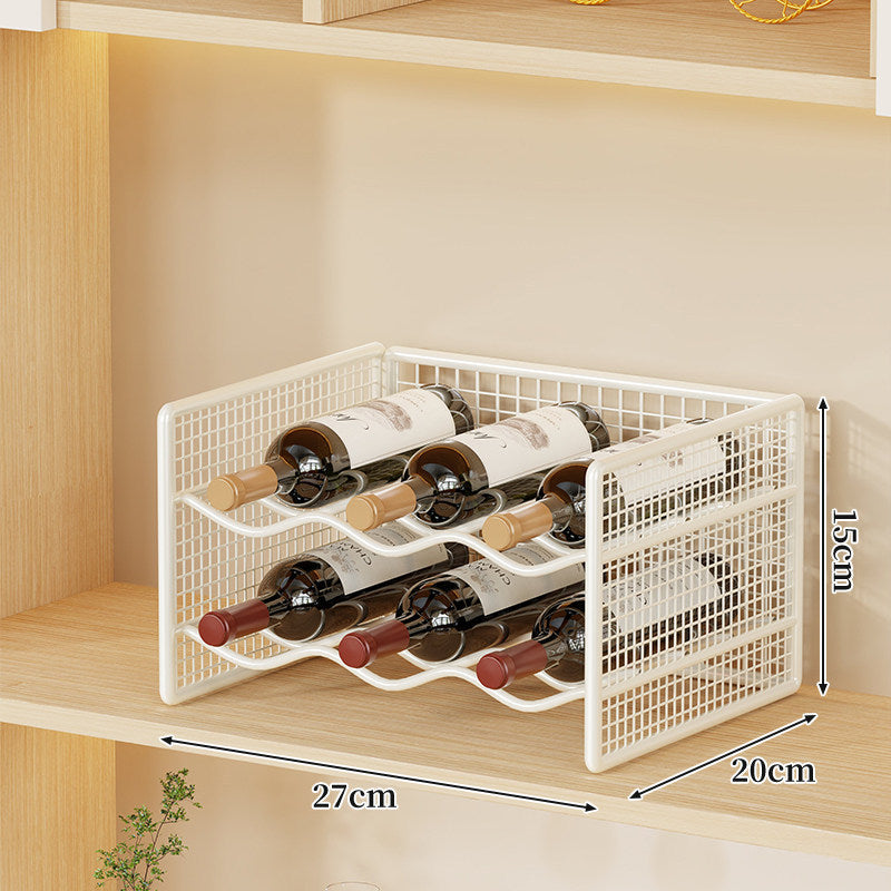 Countertop Metal Wine Bottle Rack Mesh Organizer with Stackable Grid Sides and Curved Bottle Cradles