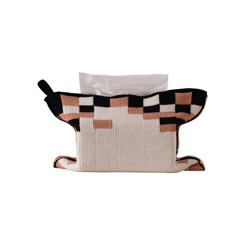 Knitted tissue box cover with geometric jacquard pattern and zipper