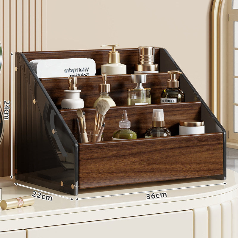 Tiered Walnut Cosmetic and Skincare Display Organizer with Angled Shelves and Removable Front Tray