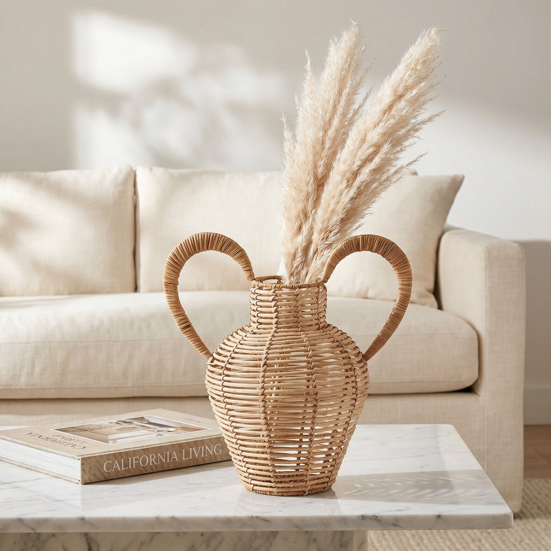 Decorative vase made of woven natural material