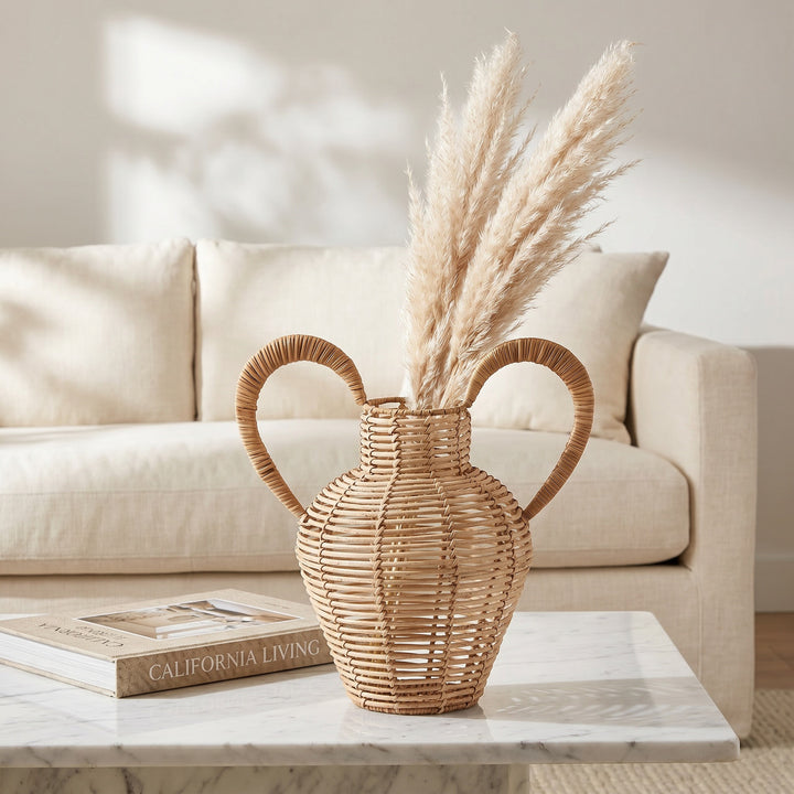 Decorative vase made of woven natural material