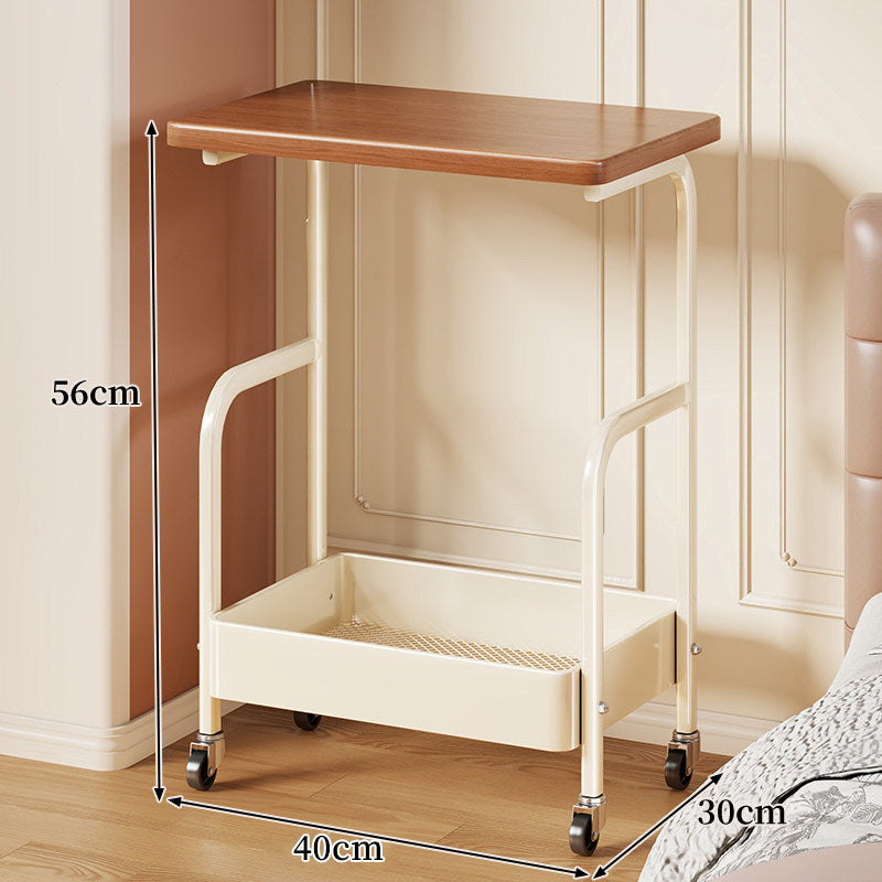 Mobile Wooden-Top Bedside Cart with Metal Frame and Lower Storage Tray