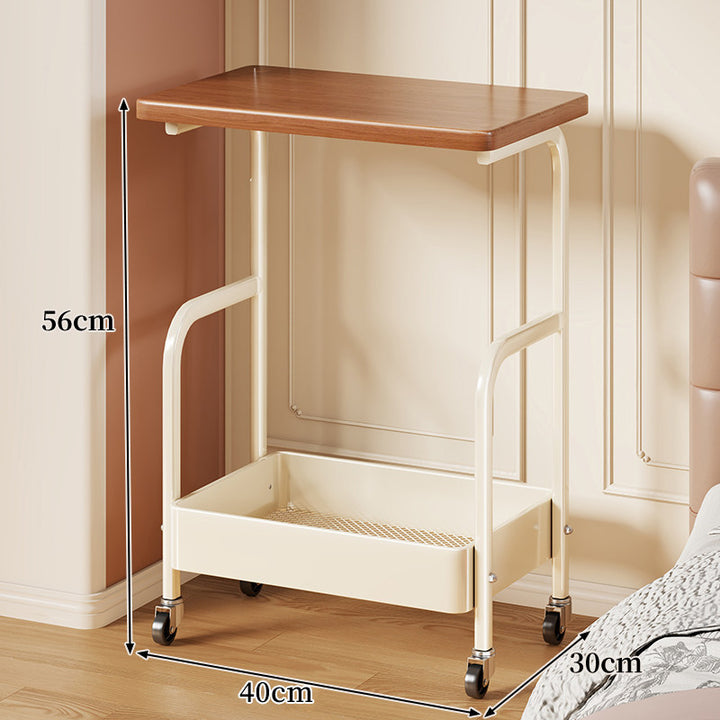 Mobile Wooden-Top Bedside Cart with Metal Frame and Lower Storage Tray