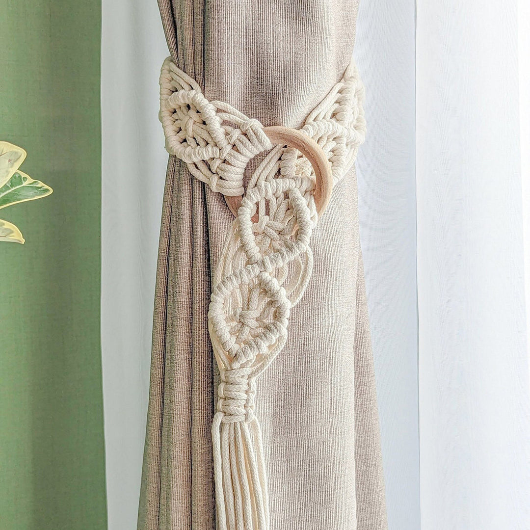 Macrame Curtain Tieback with Wooden Ring
