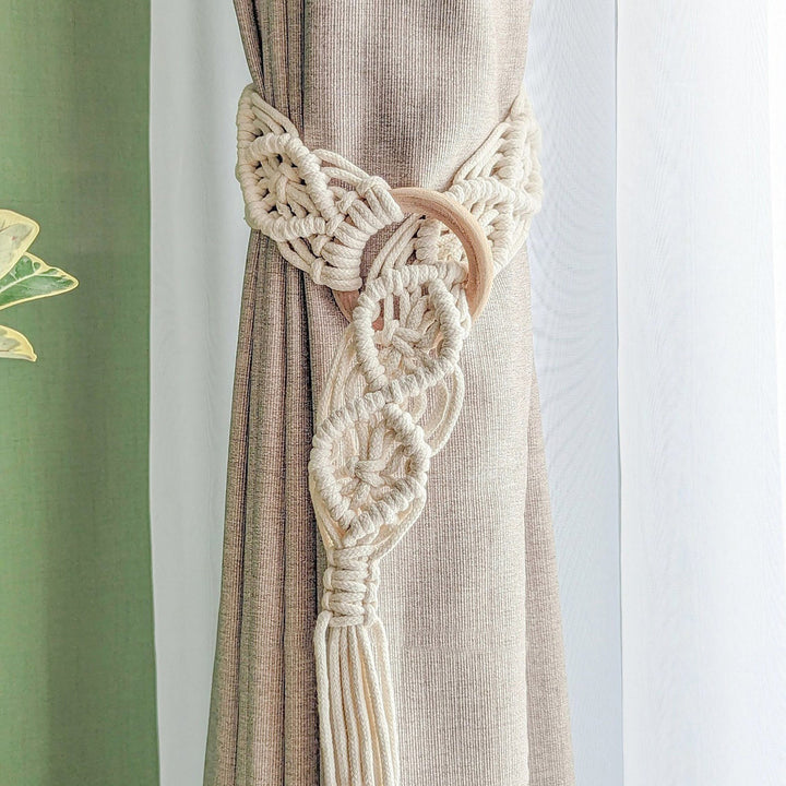 Macrame Curtain Tieback with Wooden Ring