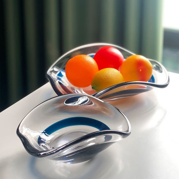 Hand-Blown Wavy-Rim Art Glass Decorative Pair of Nesting Centerpiece Bowls
