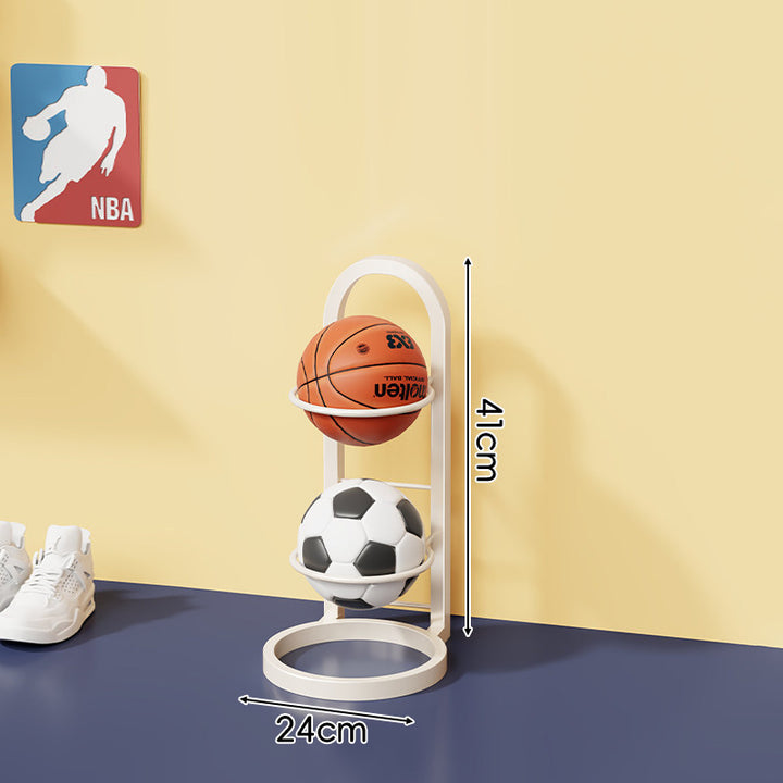 Vertical Sports Ball Storage Rack with Four Hoop Holders and Slim Metal Frame