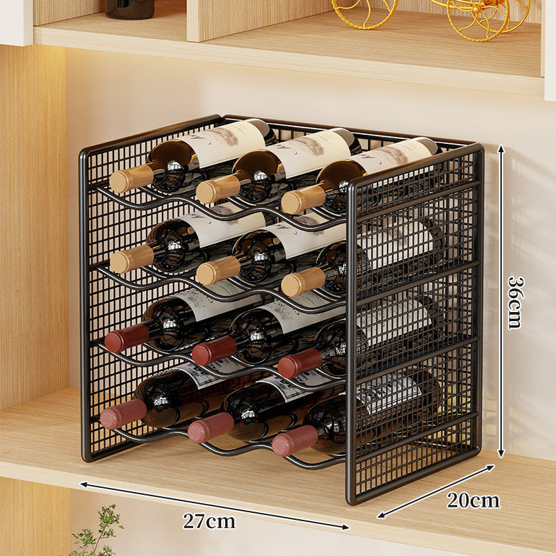 Countertop Metal Wine Bottle Rack Mesh Organizer with Stackable Grid Sides and Curved Bottle Cradles