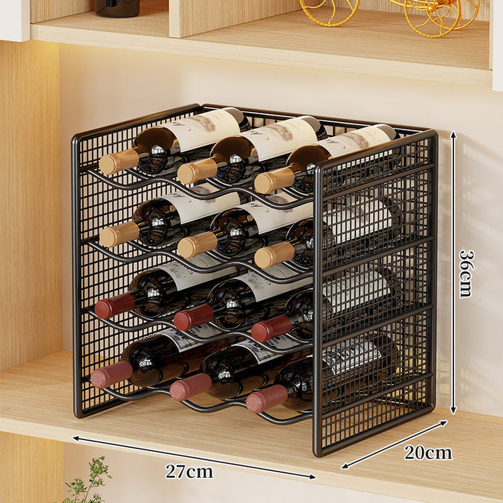 Countertop Metal Wine Bottle Rack Mesh Organizer with Stackable Grid Sides and Curved Bottle Cradles