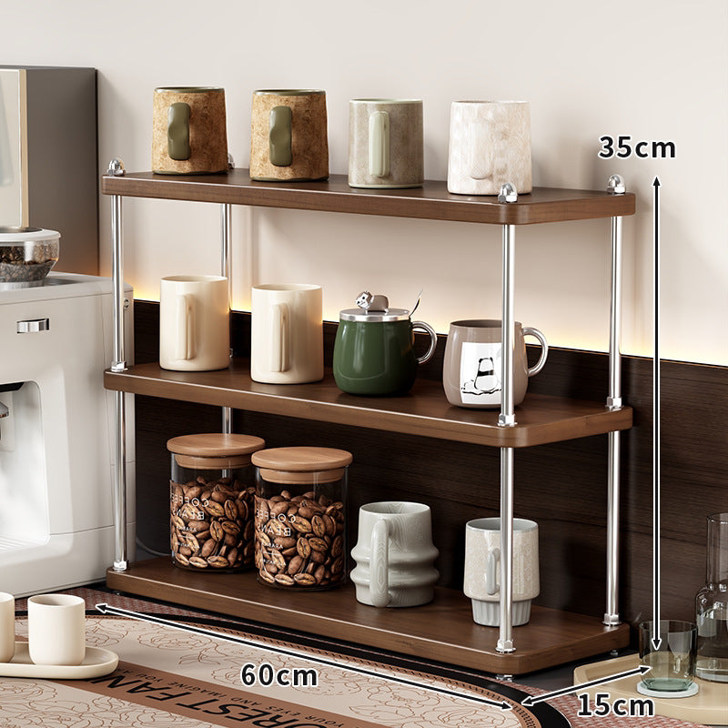 Compact Three-Tier Countertop Wooden Kitchen Shelf Organizer with Metal Rod Supports
