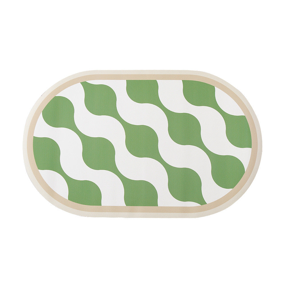 Oval non-slip vinyl mat with fine mosaic print and water-repellent surface