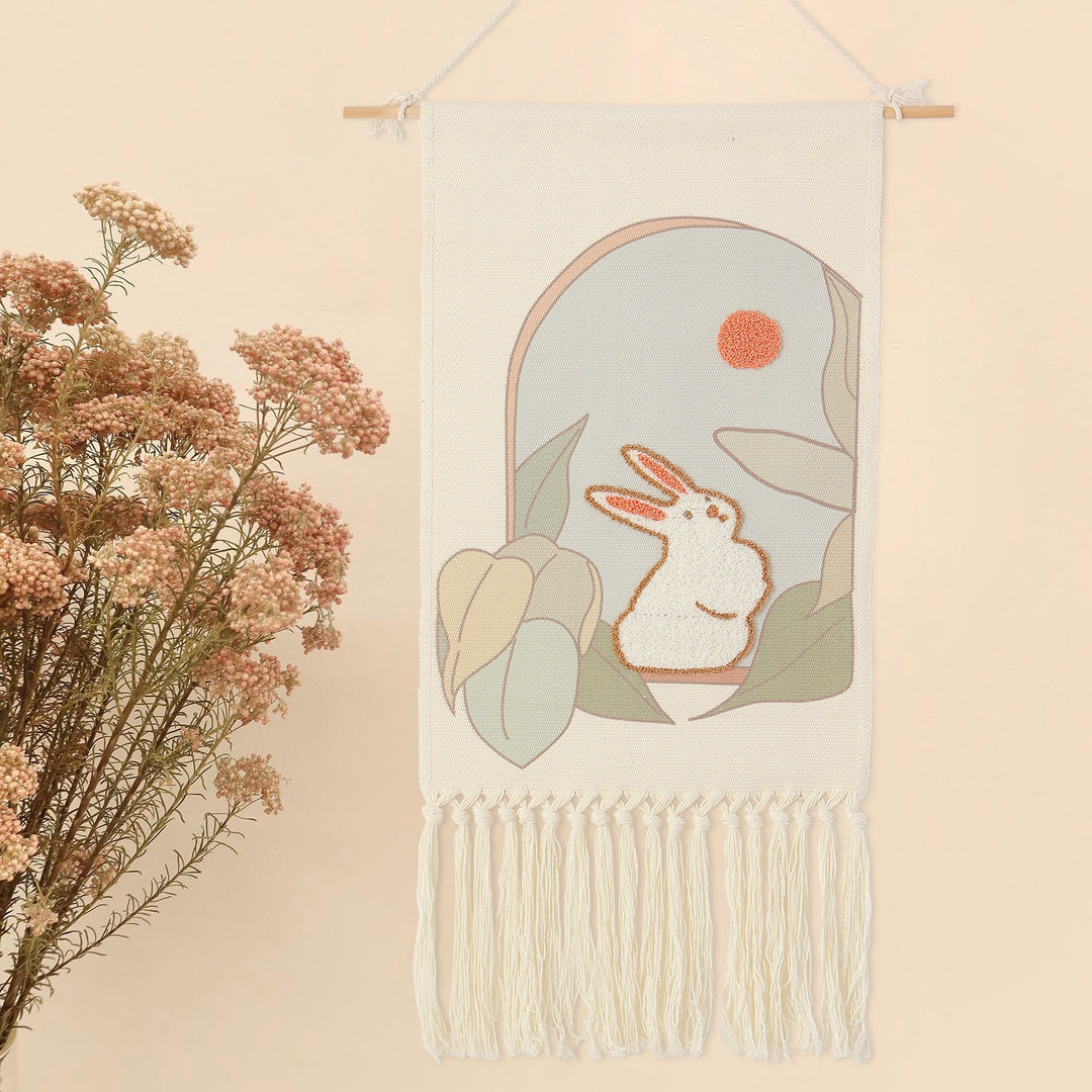 Boho Wall Hanging with Woven Flower Tufting and Macrame Fringes