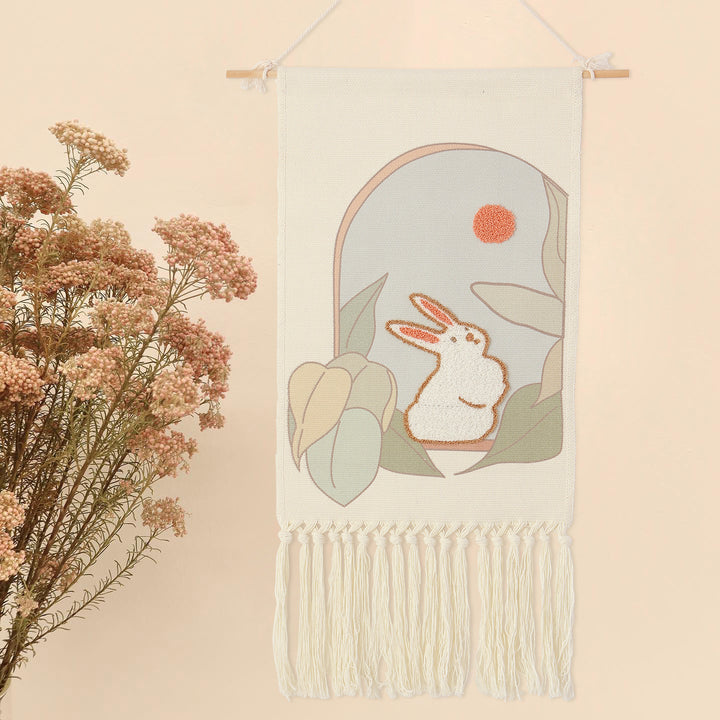 Boho Wall Hanging with Woven Flower Tufting and Macrame Fringes