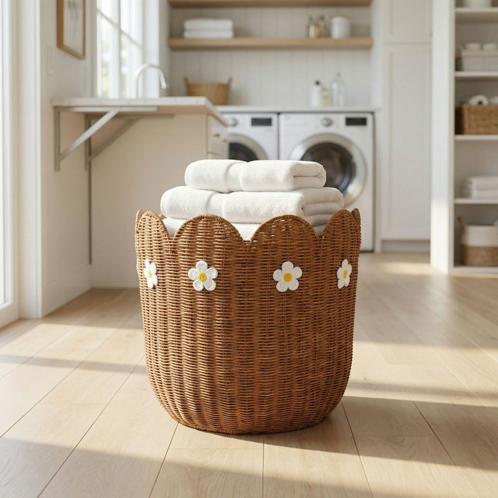 Rattan basket with flower motif