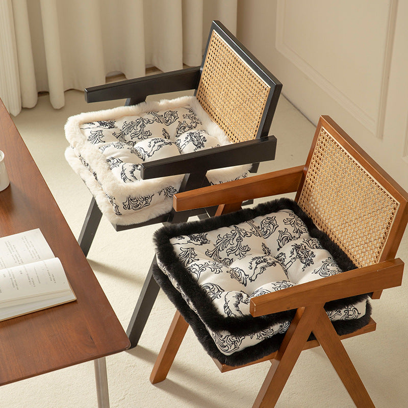 Decorative square seat cushion with baroque angel print and faux fur trim