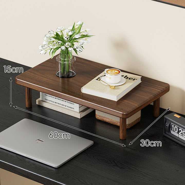 Compact Solid Wood Elevated Desk Display Stand with Under-Shelf Storage and Rounded Leg Design