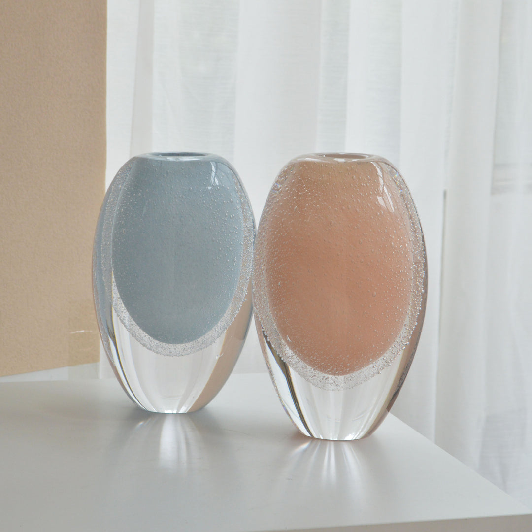 Hand-Blown Bubble-Encased Oval Decorative Glass Bud Vase Set