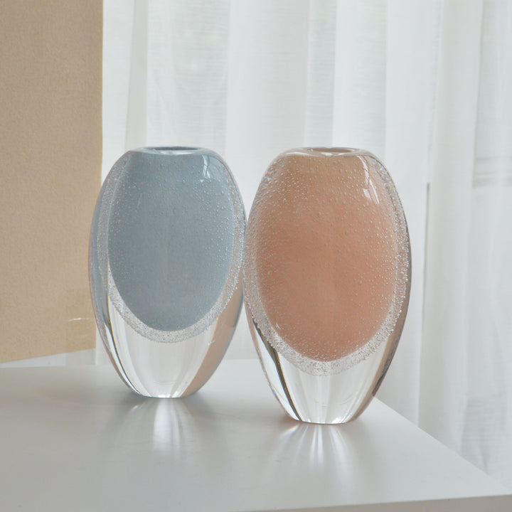 Hand-Blown Bubble-Encased Oval Decorative Glass Bud Vase Set