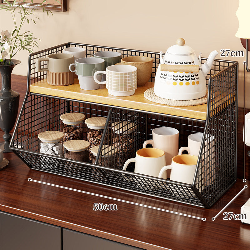 Two-Level Angled Wire Mesh Countertop Organizer with Wood-Effect Top Shelf and Front Drop Bins