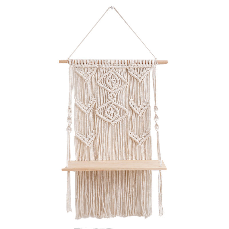 Decorative Macramé Wall Shelf with Rustic Wooden Accent