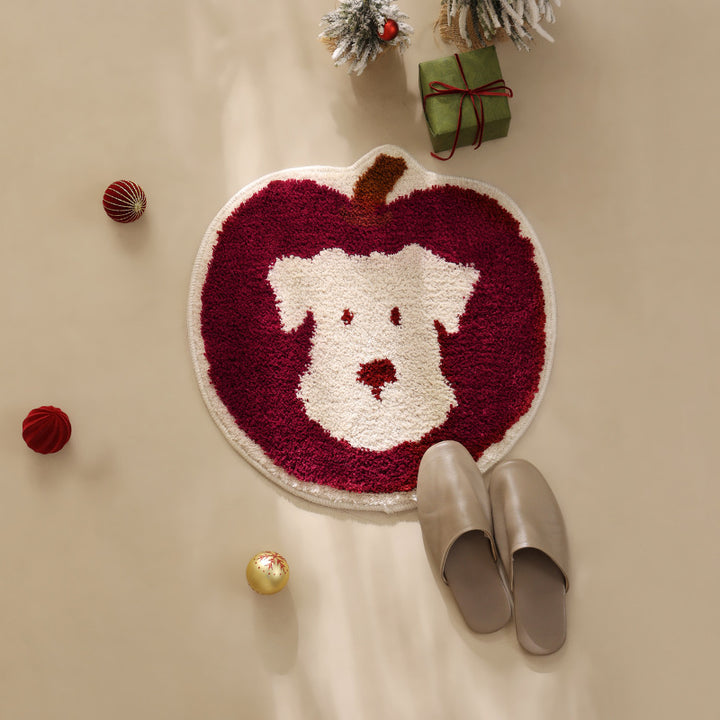 Round tufted floor mat rug in apple shape with dog face and non-slip underside