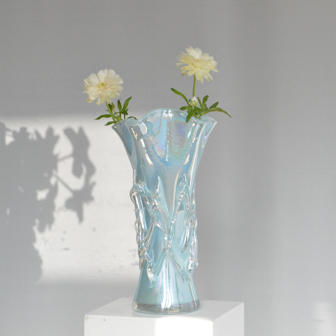 Iridescent Hand-Blown Sculptural Ruffled-Rim Art Glass Vase