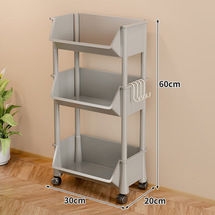 Slim Vertical Four-Bin Rolling Storage Tower with Deep Angled Bins and Side Hook