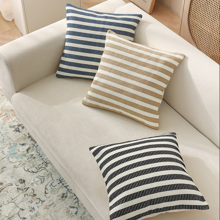 Woven decorative cushion cover with horizontal stripe pattern and concealed zipper