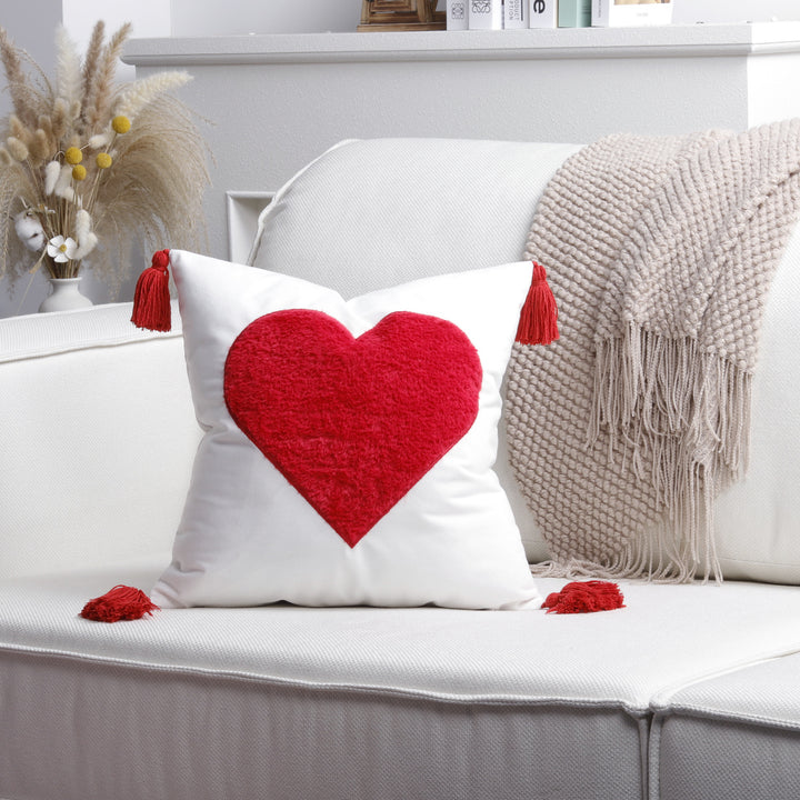 Plush Heart Appliqué Tassel Corner Decorative Throw Pillow Cover