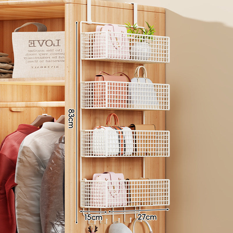 Over-the-Door Metal Grid Hanging Organizer with Four Stackable Baskets and Hooks