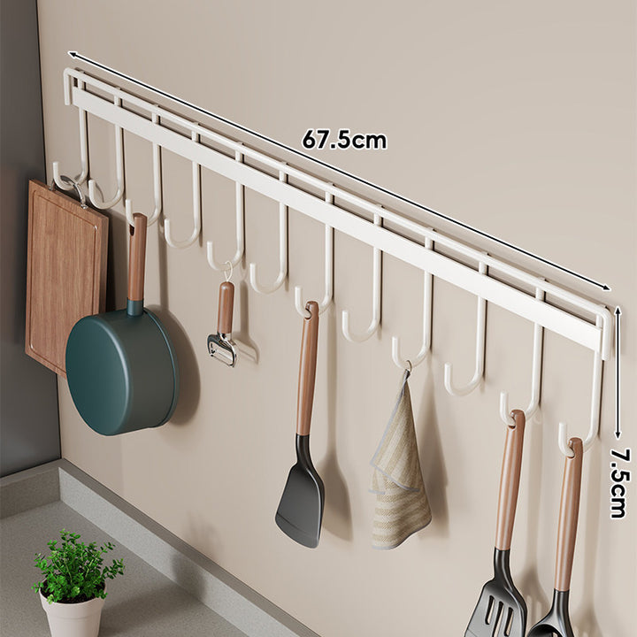 Wall-Mounted Multi-Hook Kitchen Utensil and Pan Hanger Rack