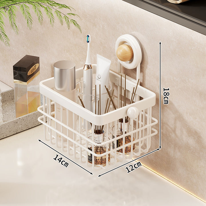 Suction-Mounted Rectangular Bathroom Vanity Organizer Basket with Drainage Grid and Removable Cup