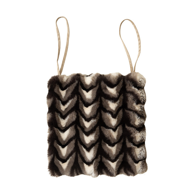Fur Crop Top with Spaghetti Straps and Textured Zigzag Pattern