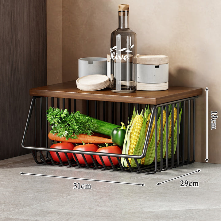 Vertical Five-Tier Rolling Kitchen Produce Storage Cart with Wooden Top and Pull-Out Wire Baskets