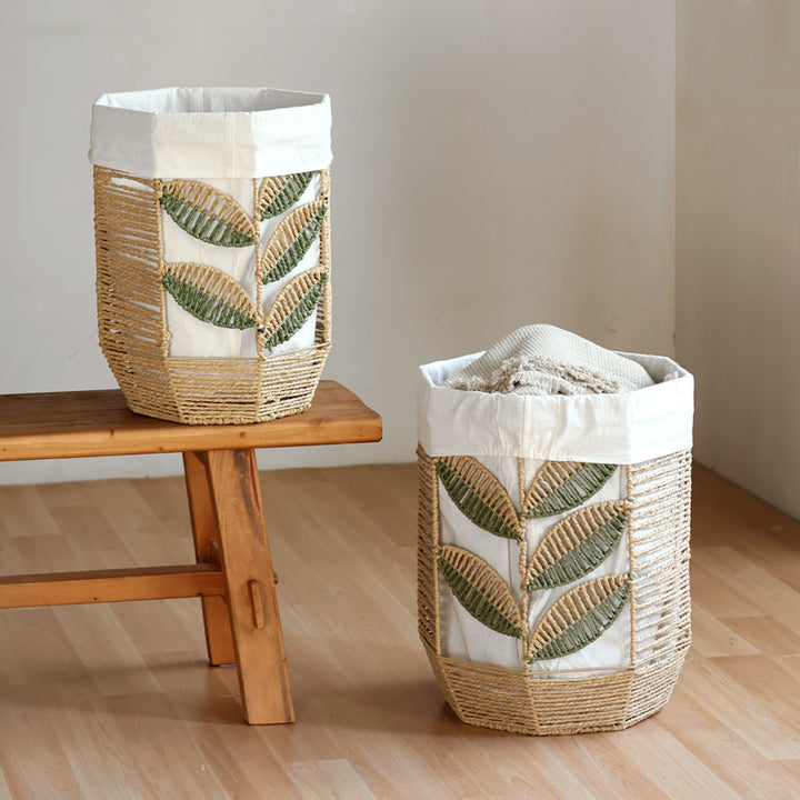 Rustic laundry basket with floral pattern