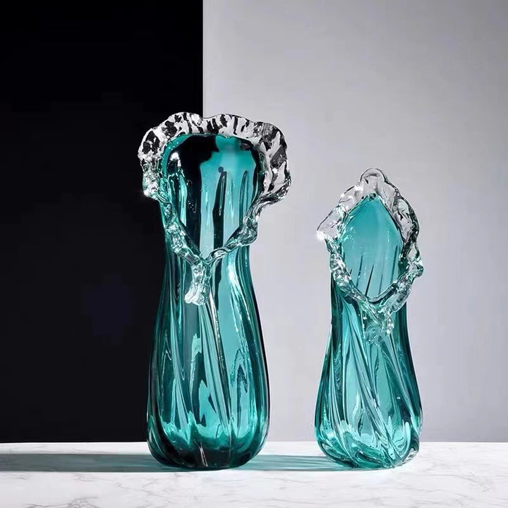 Hand-Blown Ruffled-Rim Swirled Glass Bulbous Tall Centerpiece Vase