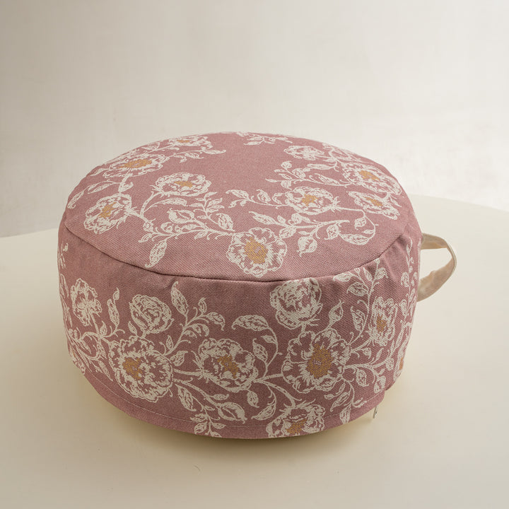 Seating pouf - meditation cushion with floral jacquard cover and carrying handle