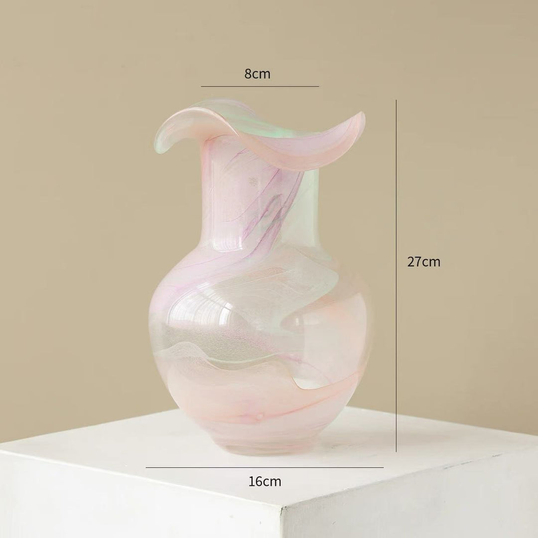 Handblown Pastel Swirl Sculptural Vase with Ruffled Lip