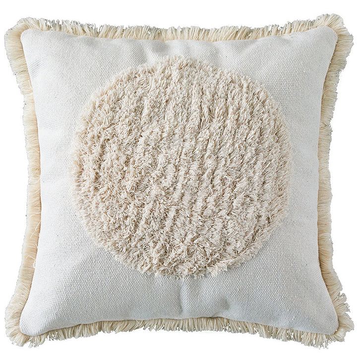 Square decorative pillow cover with fringes and hand-tufted diagonal stripes