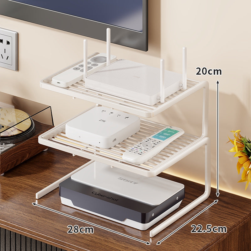 Two-Tier Ventilated Metal Electronics Organizer Shelf for Routers, Set-Top Boxes and Remotes