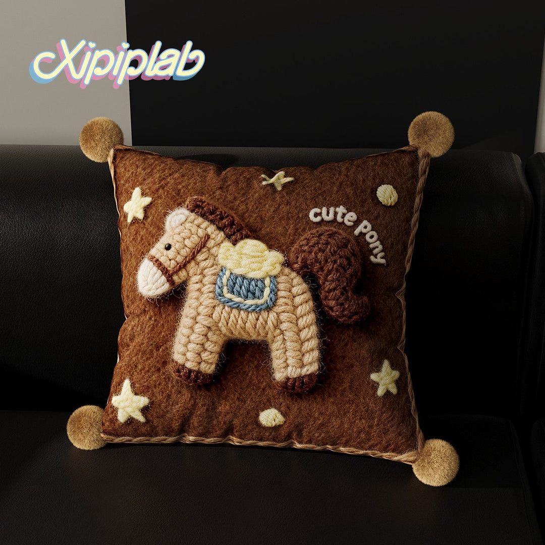Embroidered Pony Pom-Pom Accent Throw Pillow Cover with Plush Appliqué