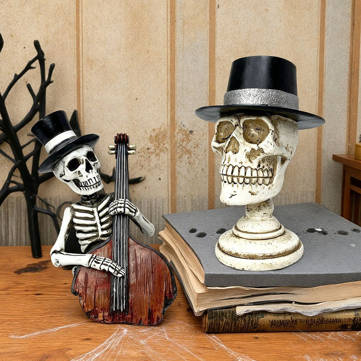 Stylish skeleton figure with top hat and black rose